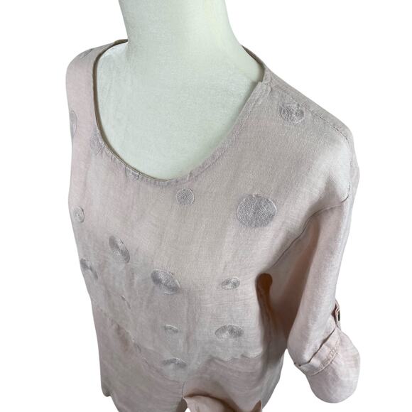 Made In Italy Linen Top Asymmetrical Boho Laganlook Roll Tab Sleeve Pink Large - Picture 4 of 15